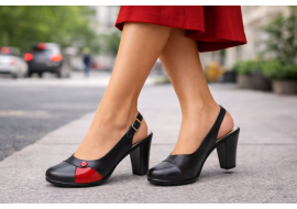 Pantofi dama eleganti slingback negru-rosu cu toc gros – design modern si confort
